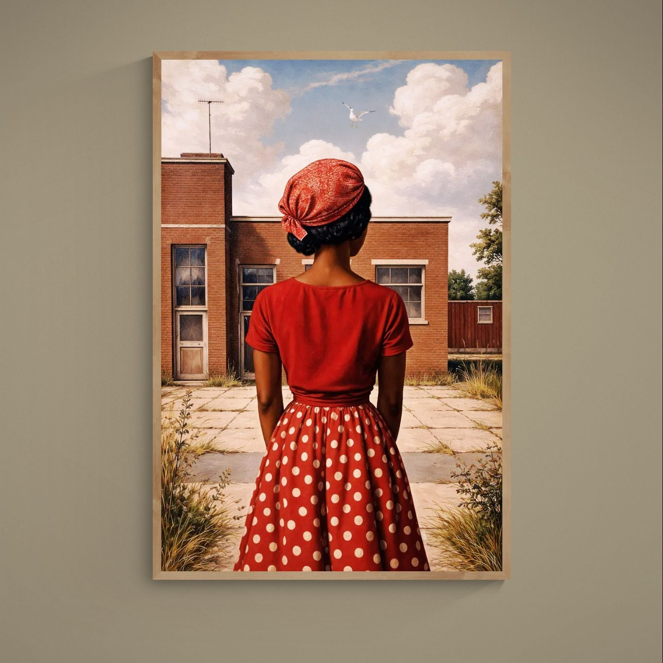 Woman in red polka-dot skirt facing brick building under blue cloudy sky with seagull