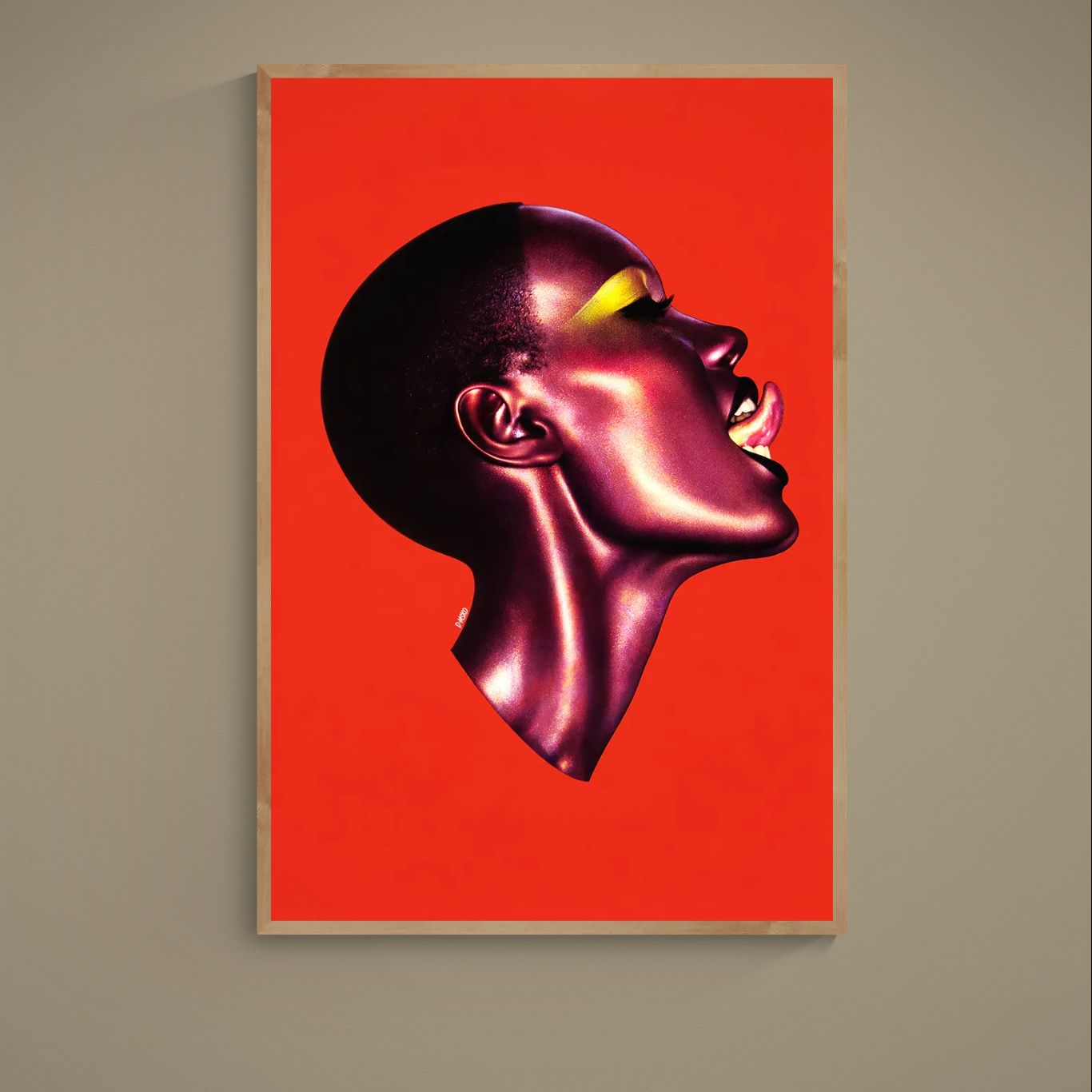 Pop art side-profile portrait with purple highlights, yellow eye makeup and red background in a light wood frame