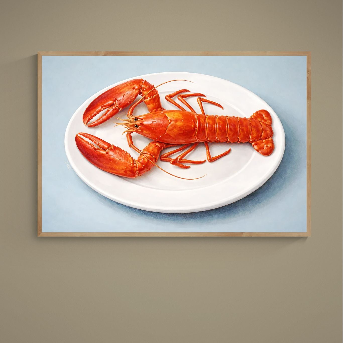 Photorealistic red lobster on a white plate against a pale blue background, shown in a wood frame mockup
