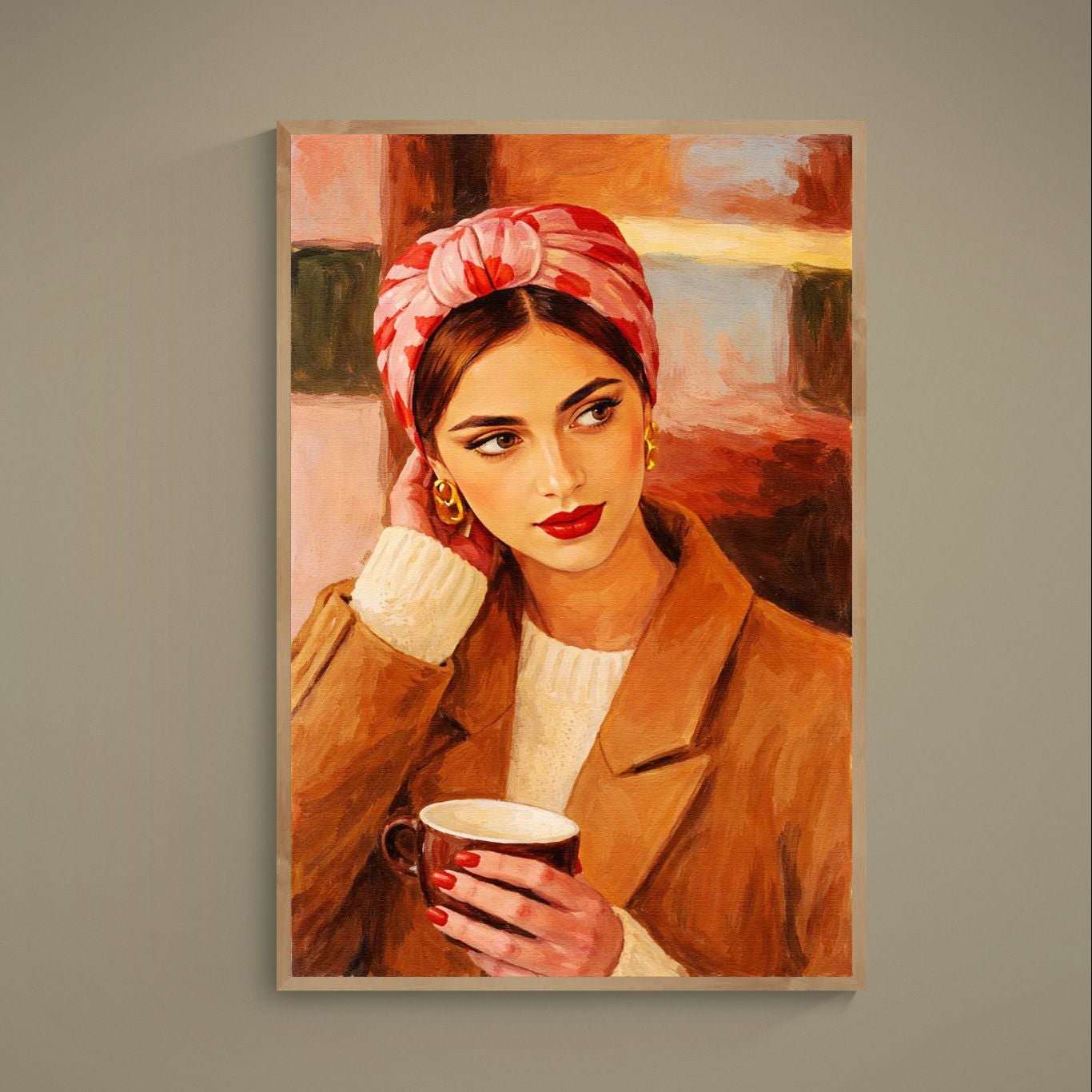 Painterly woman portrait poster with pink headscarf, gold hoops, red lipstick and coffee cup