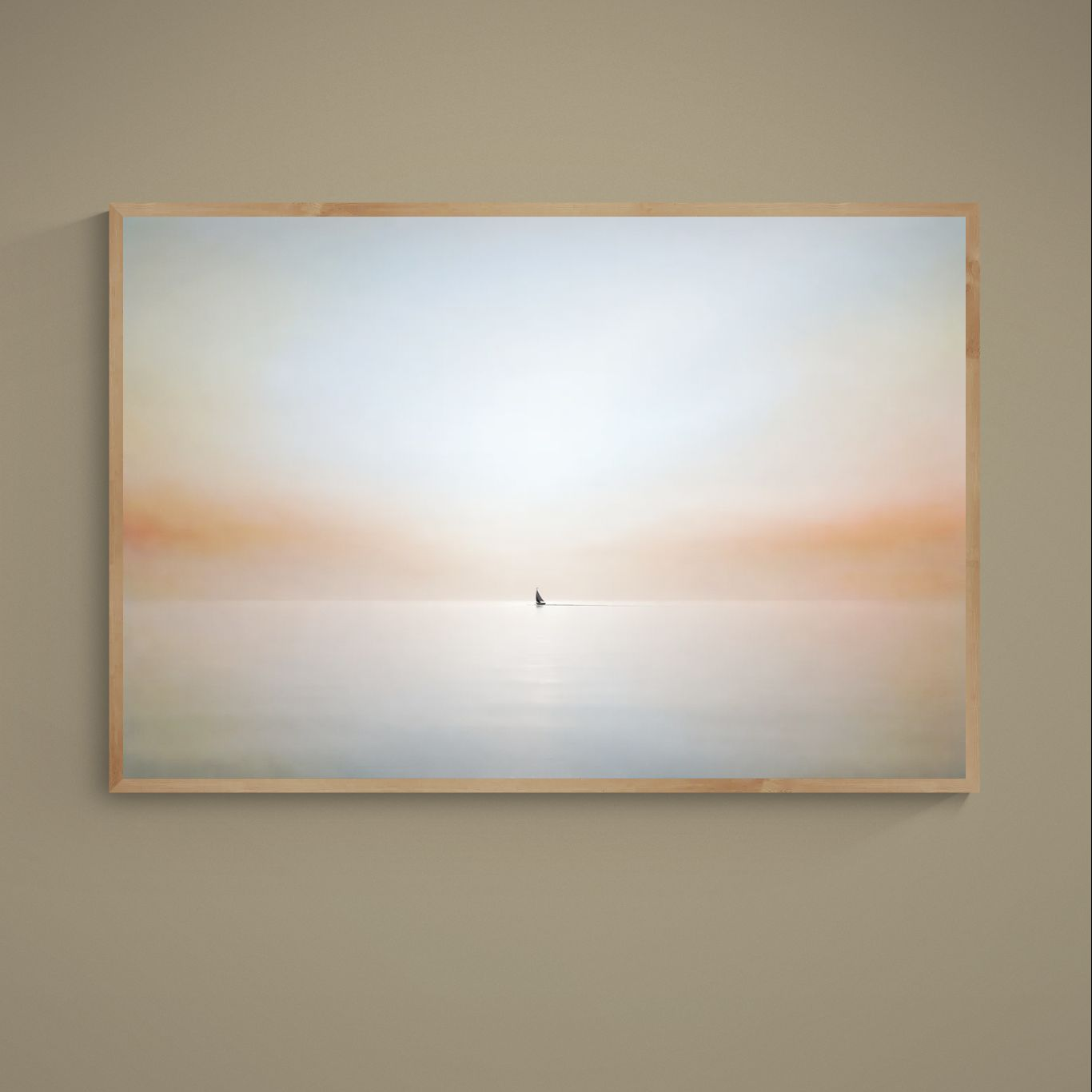Minimalist seascape poster with lone sailboat on pale blue beige and white horizon, styled in light wood frame