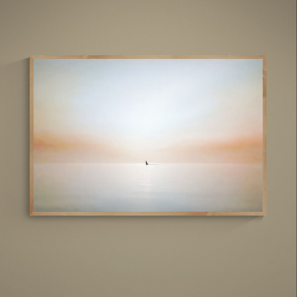 Minimalist seascape poster with lone sailboat on pale blue beige and white horizon, styled in light wood frame