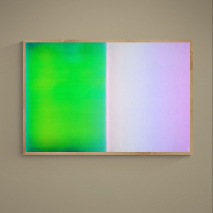 Minimalist abstract poster with green and pink-purple color fields divided by a thin magenta seam