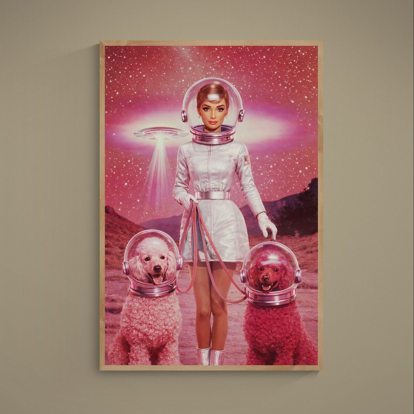 Retro female astronaut walking two helmeted poodles under a UFO on pink purple space poster