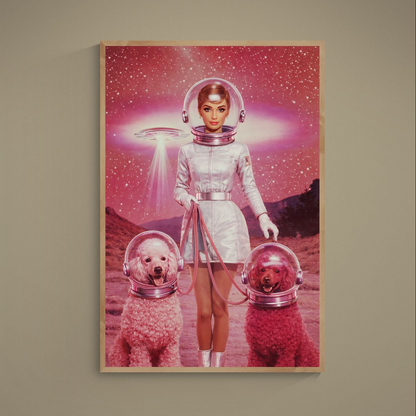 Retro female astronaut walking two helmeted poodles under a UFO on pink purple space poster