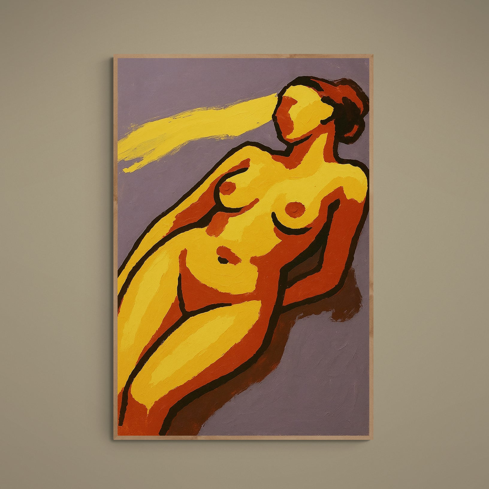 Abstract reclining nude in yellow and orange with black contour lines on a muted purple matte poster
