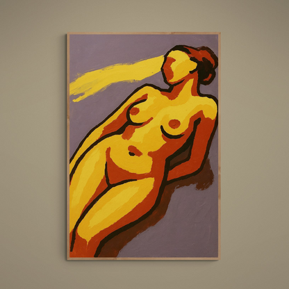 Abstract reclining nude in yellow and orange with black contour lines on a muted purple matte poster
