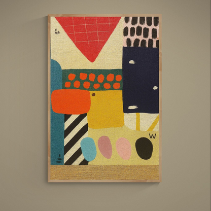 Bauhaus abstract matte poster with color blocks, oval motifs and black-white diagonal stripes