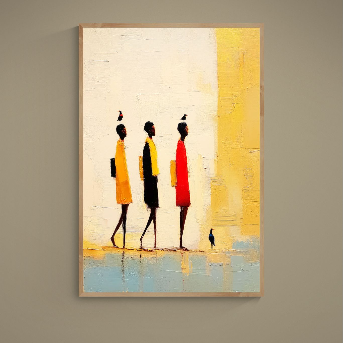 African-inspired matte poster with three elongated figures, birds, and warm beige, yellow, red and black tones