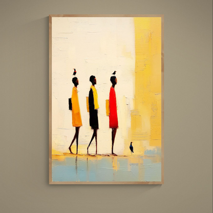 African-inspired matte poster with three elongated figures, birds, and warm beige, yellow, red and black tones