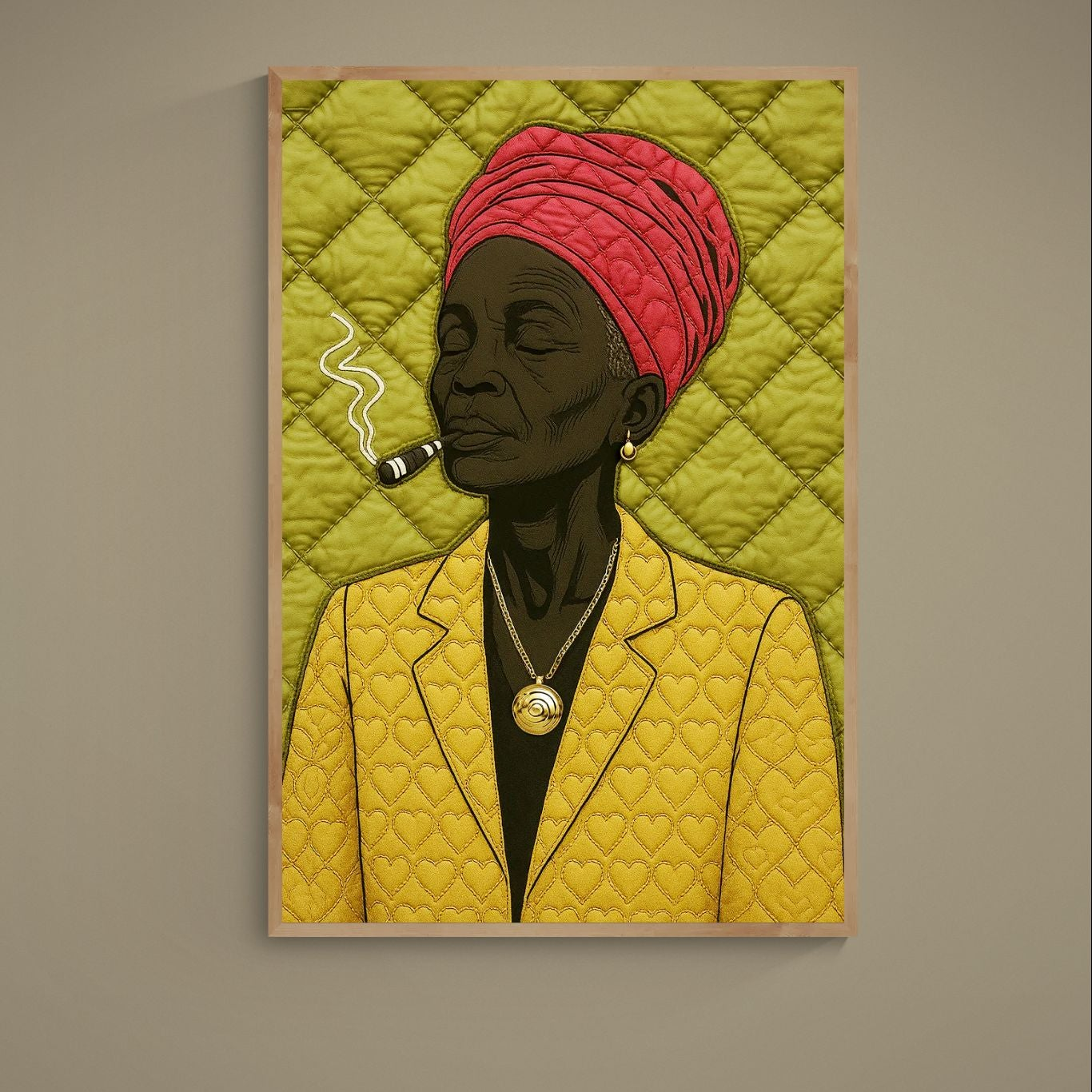 Afro-Cuban matriarch portrait with pink headwrap, yellow stitched jacket, cigar smoke, and green quilt background