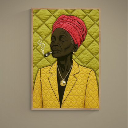 Afro-Cuban matriarch portrait with pink headwrap, yellow stitched jacket, cigar smoke, and green quilt background