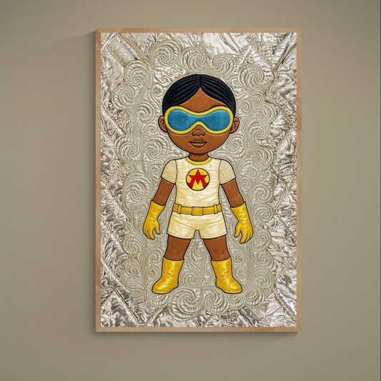 Afro-galactic hero in gold suit with turquoise goggles on quilted swirl matte paper poster
