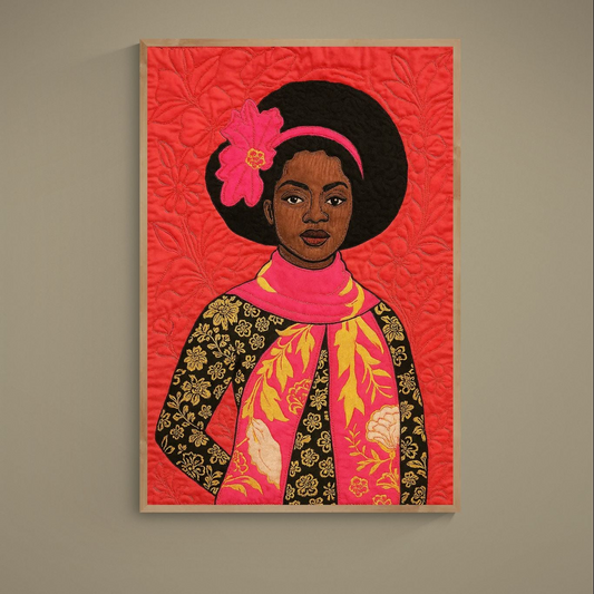 Afrocentric portrait poster with natural afro, pink flower, gold floral clothing, and red quilted background