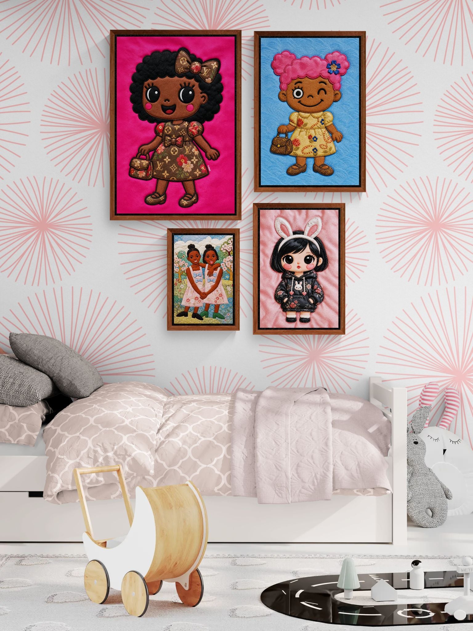 Pink Pigtails Framed Canvas Quilted-Style Kawaii-Style - Pop Art