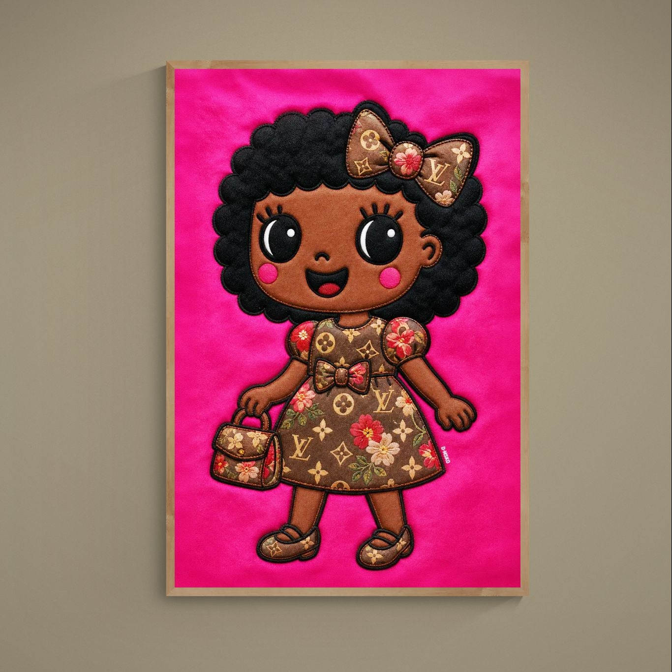 Black girl wall poster with afro bow, kawaii pop art doll on pink, quilted-style monogram design, museum-quality paper.