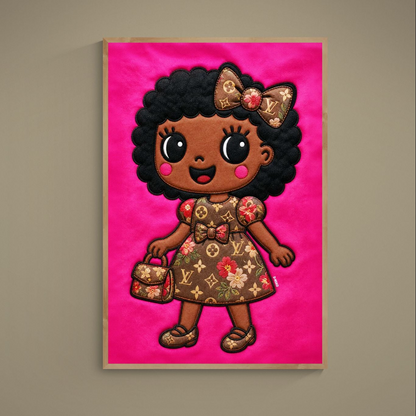 Black girl wall poster with afro bow, kawaii pop art doll on pink, quilted-style monogram design, museum-quality paper.