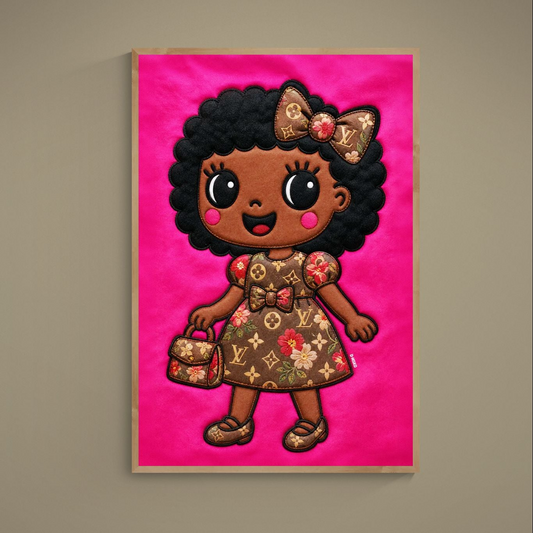 Black girl wall poster with afro bow, kawaii pop art doll on pink, quilted-style monogram design, museum-quality paper.