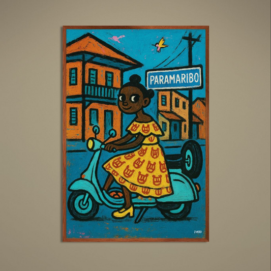 Pop art Paramaribo poster of a poised rider on a turquoise scooter beneath a street sign