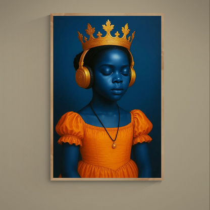Afrofuturist blue girl portrait with gold crown, headphones, orange dress, and navy background