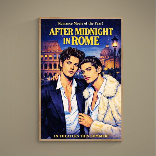 Retro Rome poster with two men embracing under a starry sky near the Colosseum and domed basilica