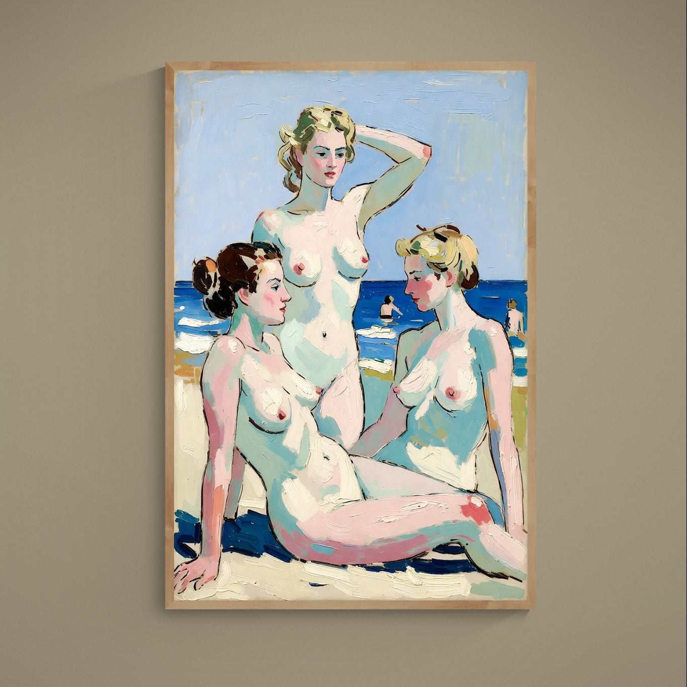 Impressionist beach poster with three nude female figures at a blue turquoise shoreline