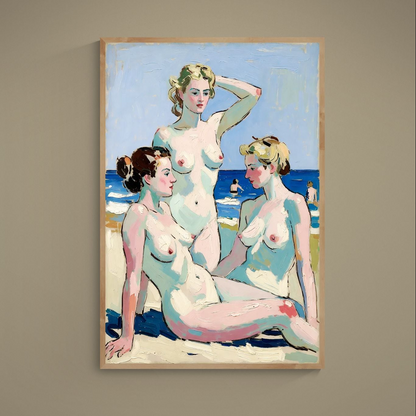 Impressionist beach poster with three nude female figures at a blue turquoise shoreline