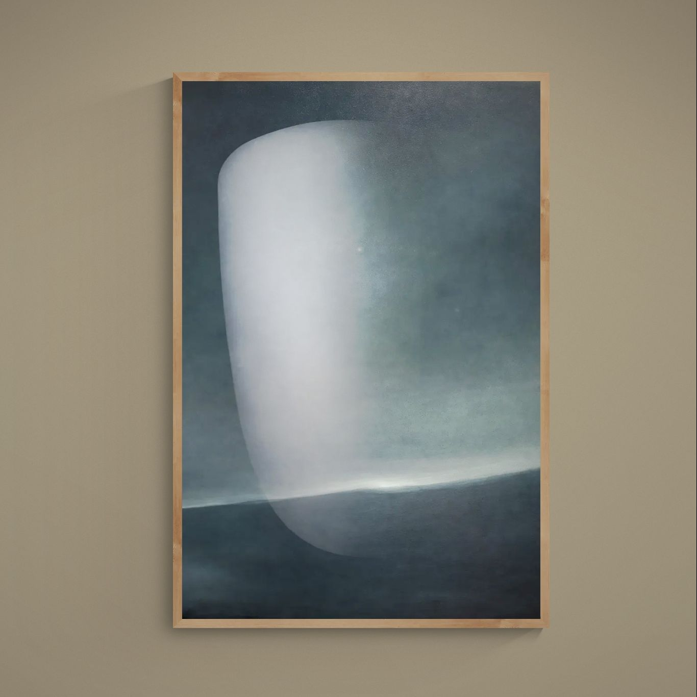 Vertical abstract blue gray matte poster with horizon band and natural wood frame