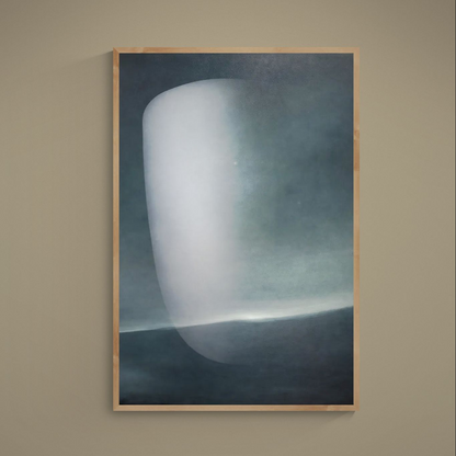 Vertical abstract blue gray matte poster with horizon band and natural wood frame