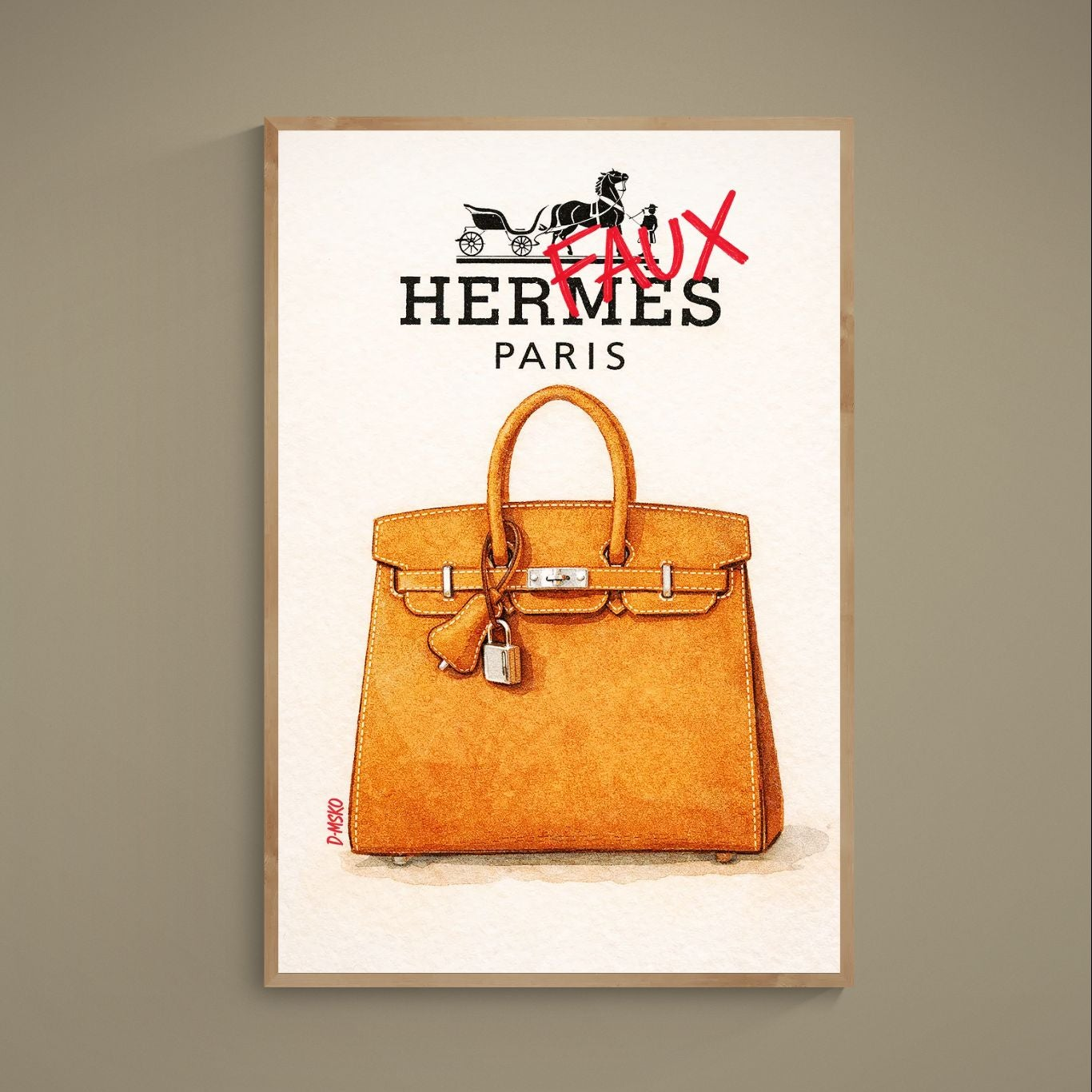 Orange handbag fashion illustration with black Paris logo and red FAUX stamp on beige matte poster
