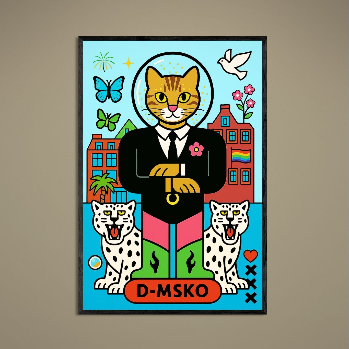 Pop-art Amsterdam Cat King poster with crowned feline figure, spotted cats, canal houses and pride flag