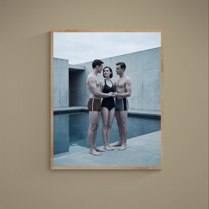 Three figures beside a reflecting pool against Brutalist concrete architecture in cool gray-blue tones