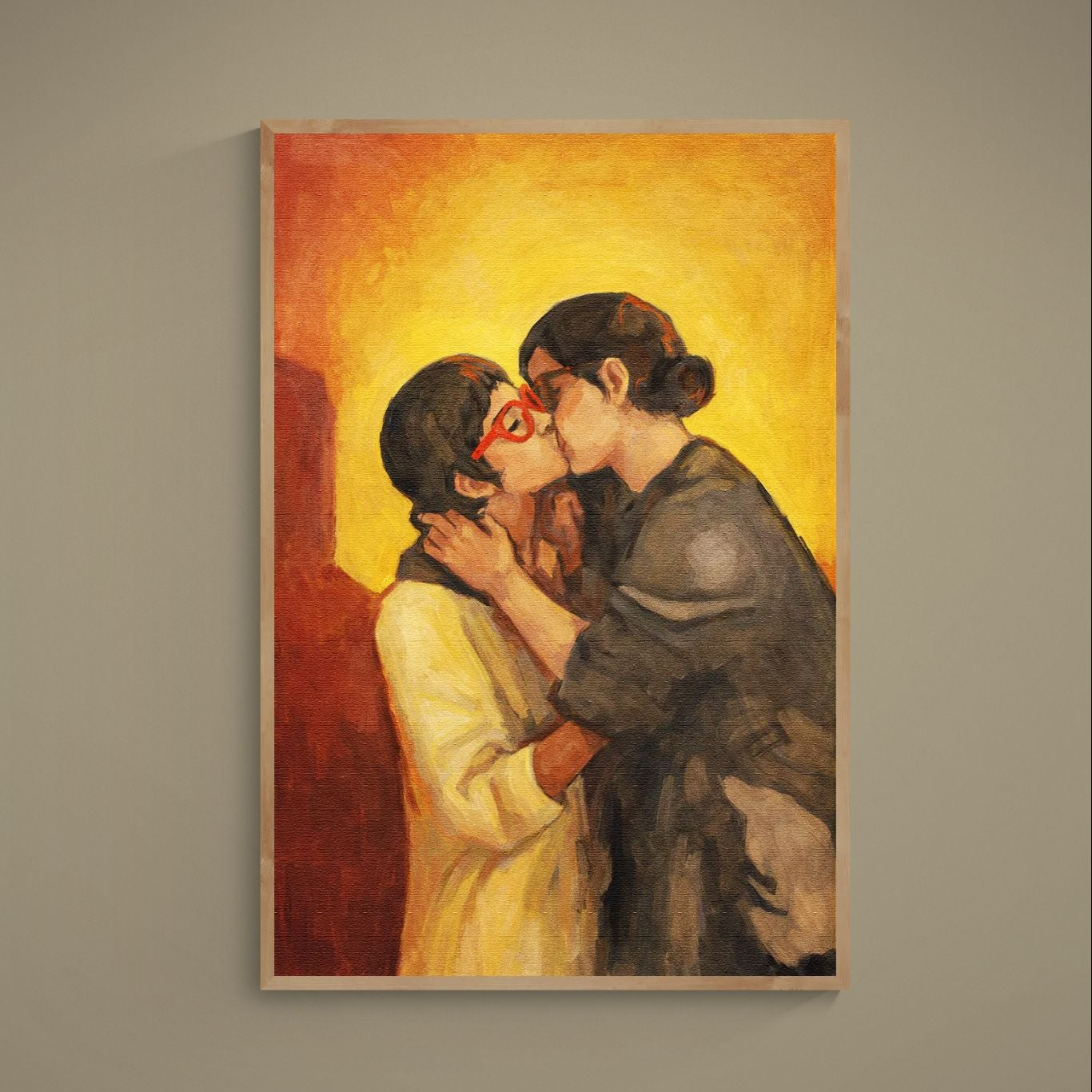 Contemporary poster of two figures kissing under a warm yellow-orange halo with red eyeglasses