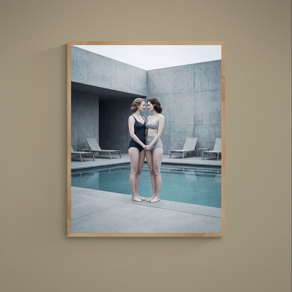 Framed poster of two women in vintage swimwear beside a turquoise brutalist concrete pool