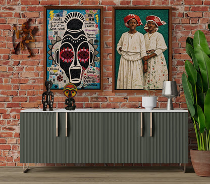 Ancestral Roots Mask Framed Canvas Quilted-Style - Yoruba Orisha Style