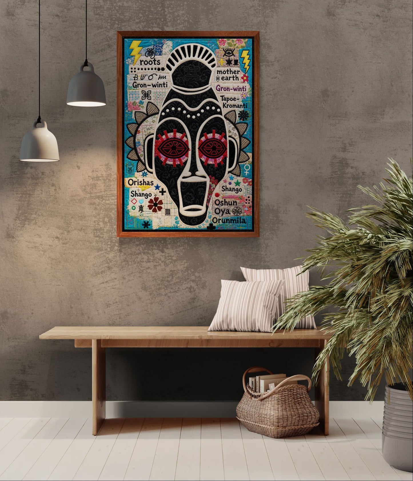 Ancestral Roots Mask Framed Canvas Quilted-Style - Yoruba Orisha Style
