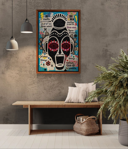 Ancestral Roots Mask Framed Canvas Quilted-Style - Yoruba Orisha Style