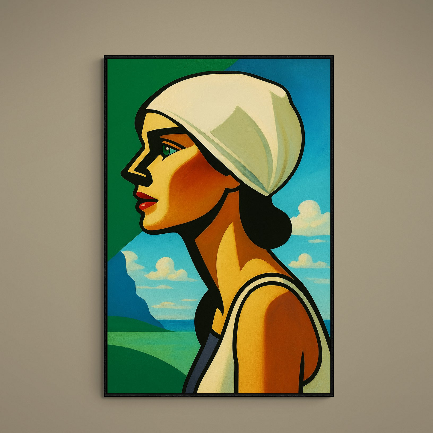 Art Deco woman portrait poster with turquoise headscarf and seaside horizon in a thin black frame