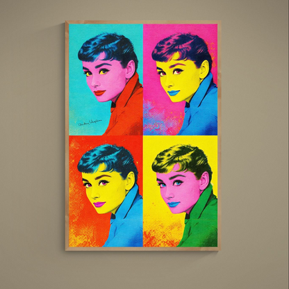 Four-panel pop art Hollywood portrait poster with bold color blocks and halftone texture