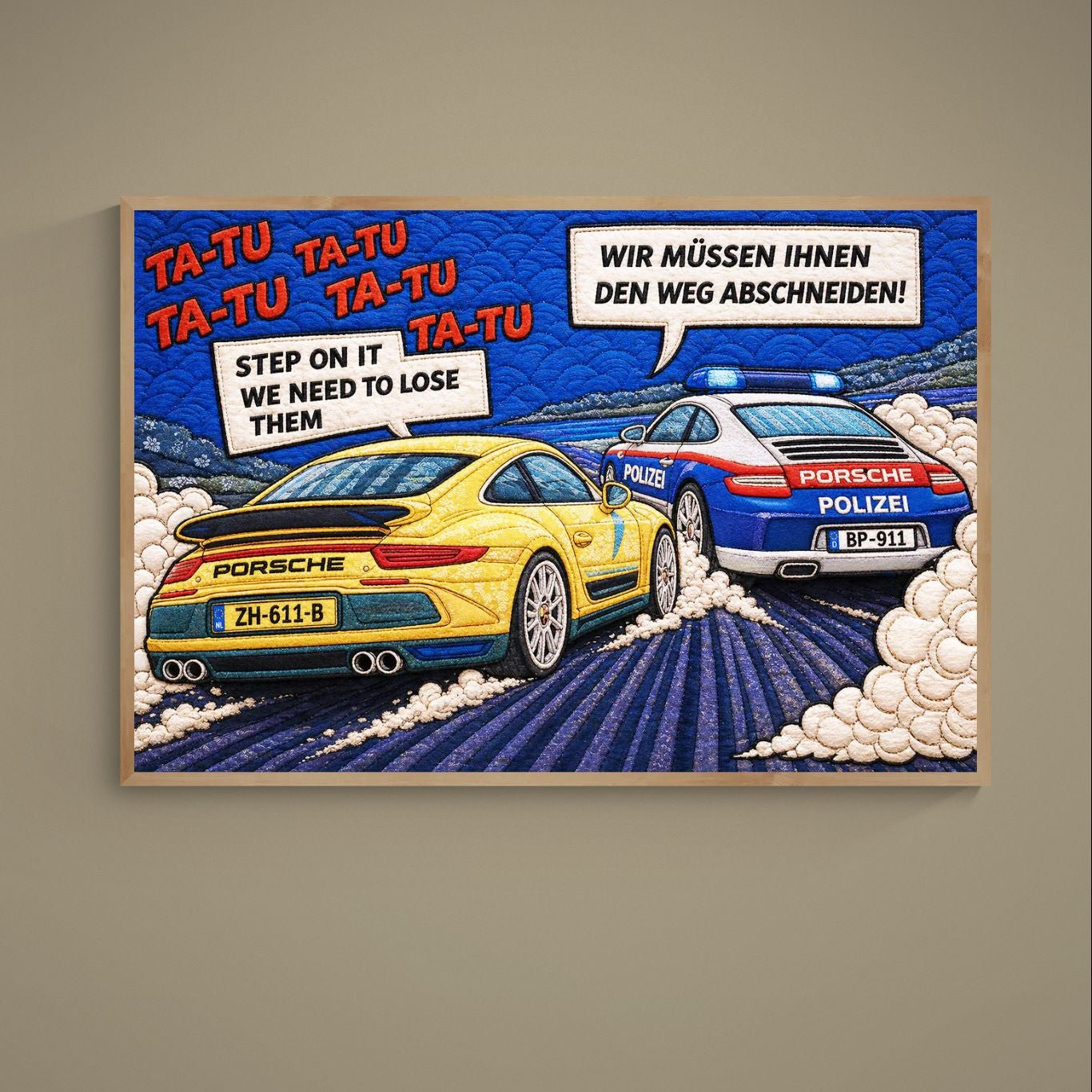 Pop art poster of a yellow Porsche car chase on the Autobahn, Polizei Porsche in pursuit, quilted-texture comic style