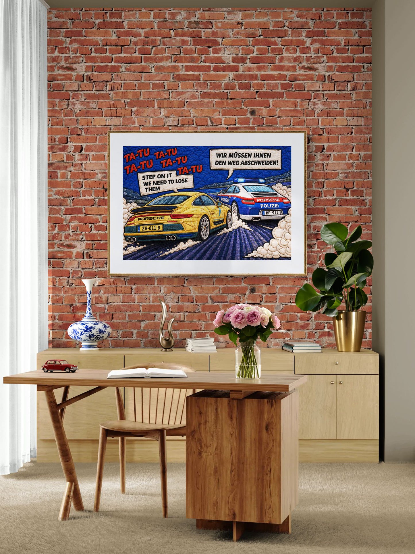 Autobahn Chase Museum Quality Matte Paper Poster Quilt-Inspired Pop-Ar