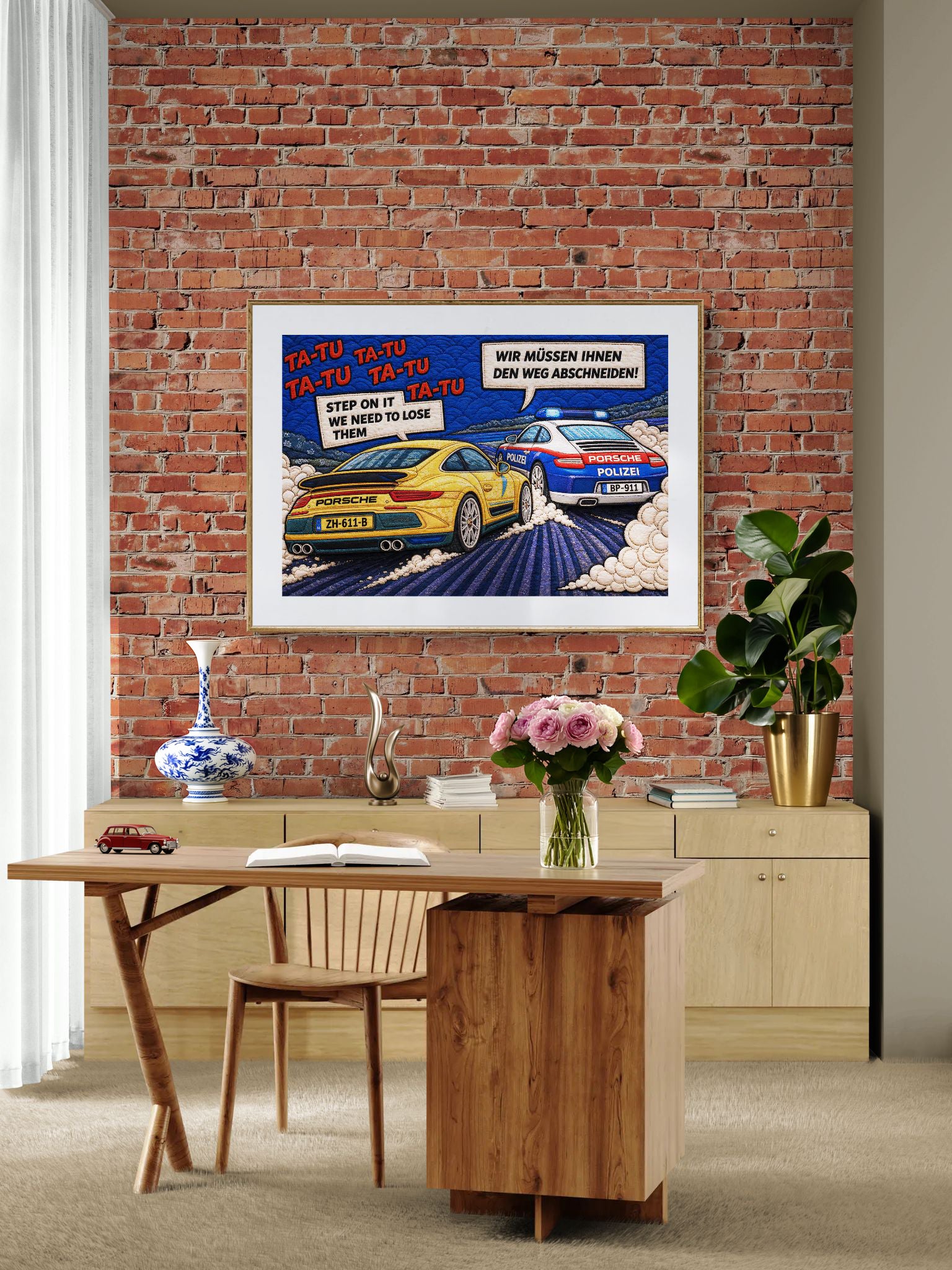 Autobahn Chase Museum Quality Matte Paper Poster Quilt-Inspired Pop-Ar