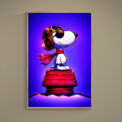 Neon pop art poster of a beagle aviator on a red doghouse, goggles and red scarf, purple-to-blue gradient background.