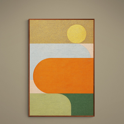 Abstract mid-century matte paper poster with yellow sun, orange color block, layered horizon bands and thin wood frame