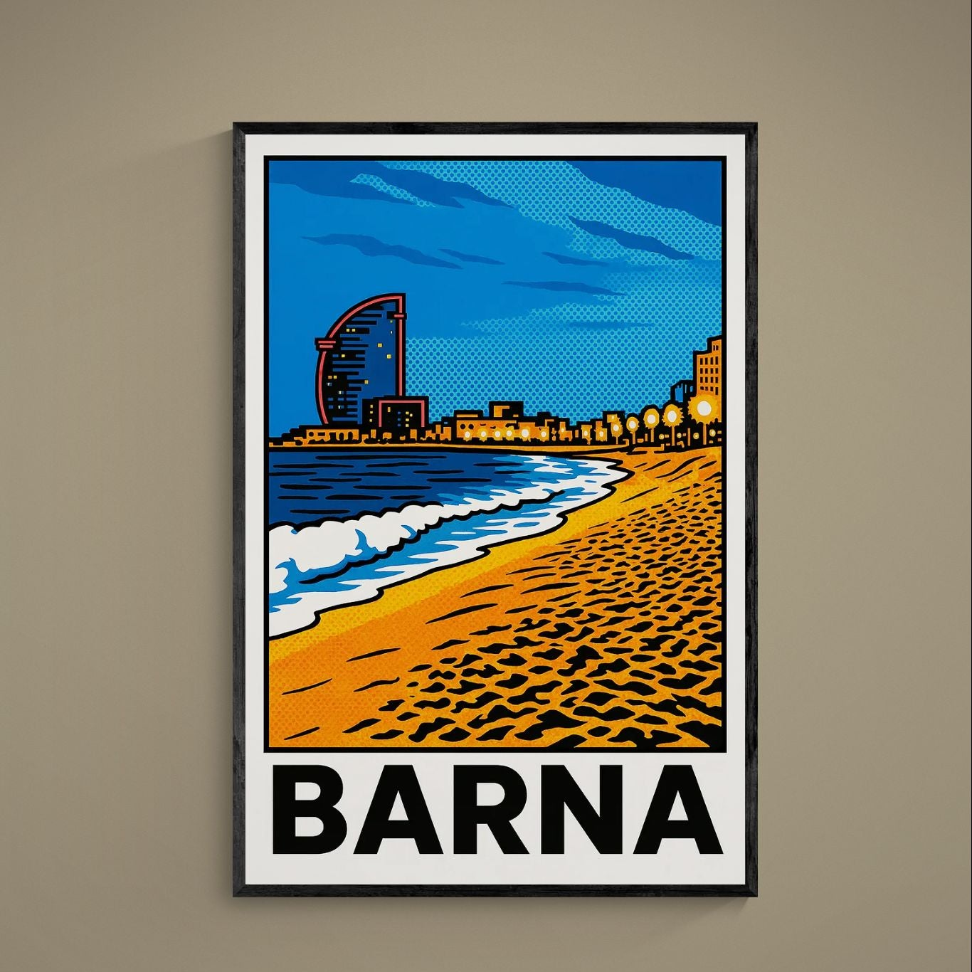 Pop Art Barcelona coast poster with blue sky, orange beach, waves, skyline, and BARNA text