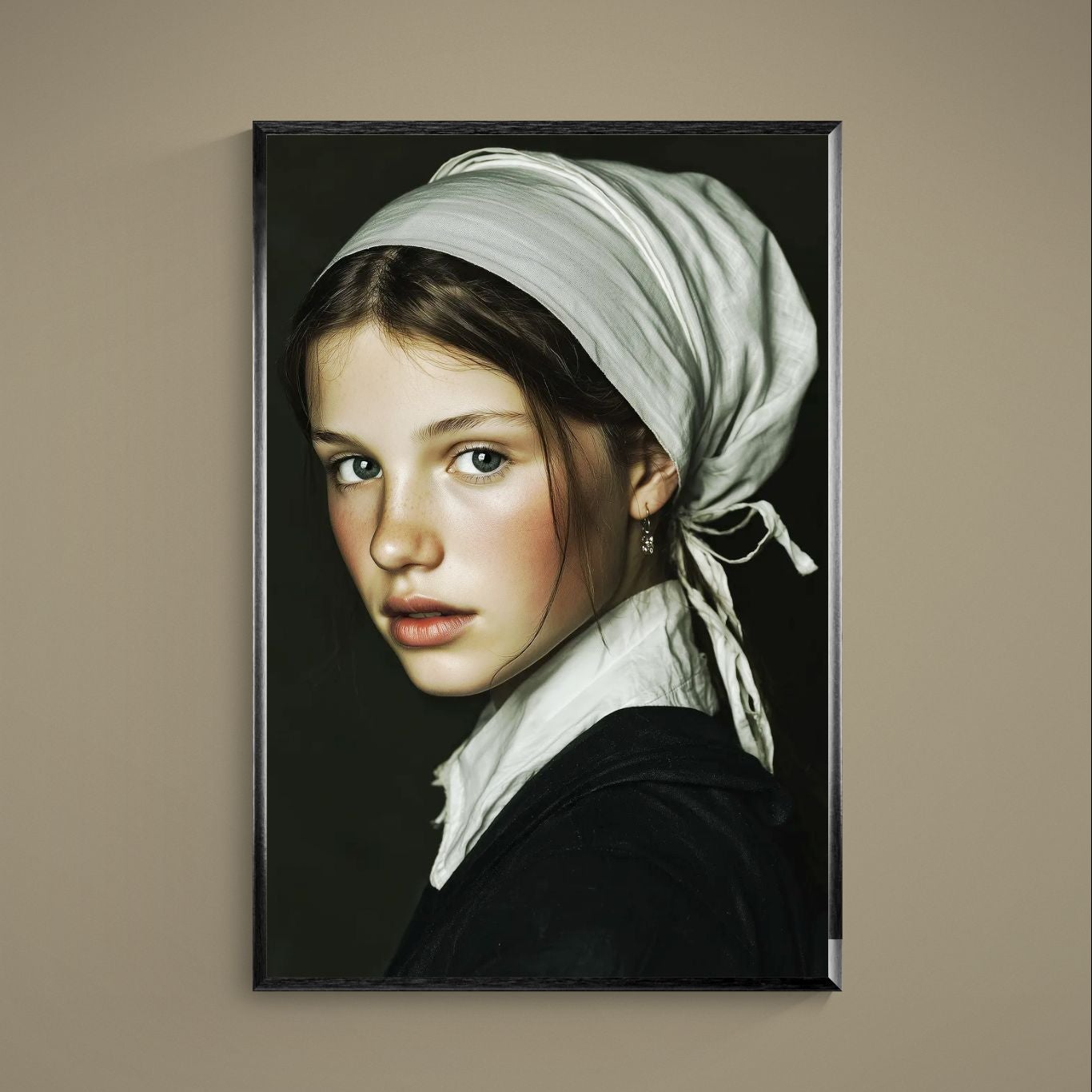 Close-up female portrait in white headscarf on dark background, museum-quality matte poster