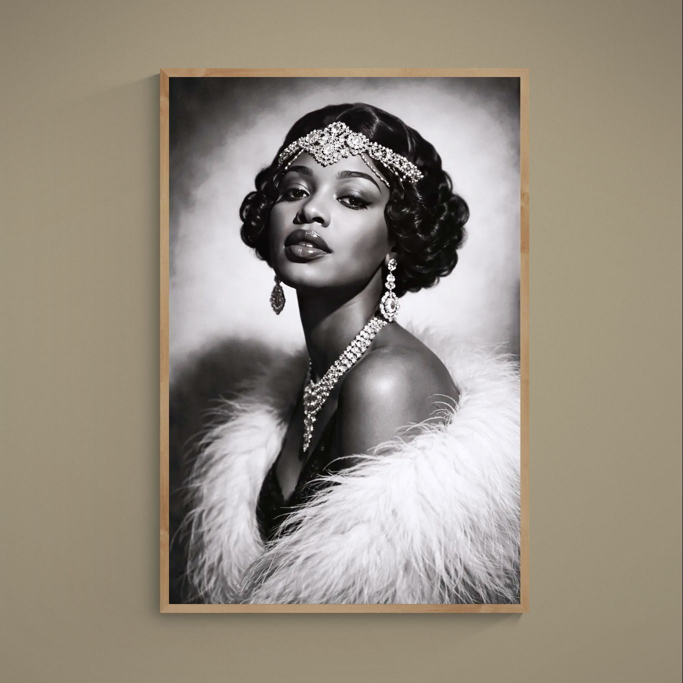Black-and-white 1920s flapper portrait poster with jeweled headpiece, earrings, necklace and feather stole