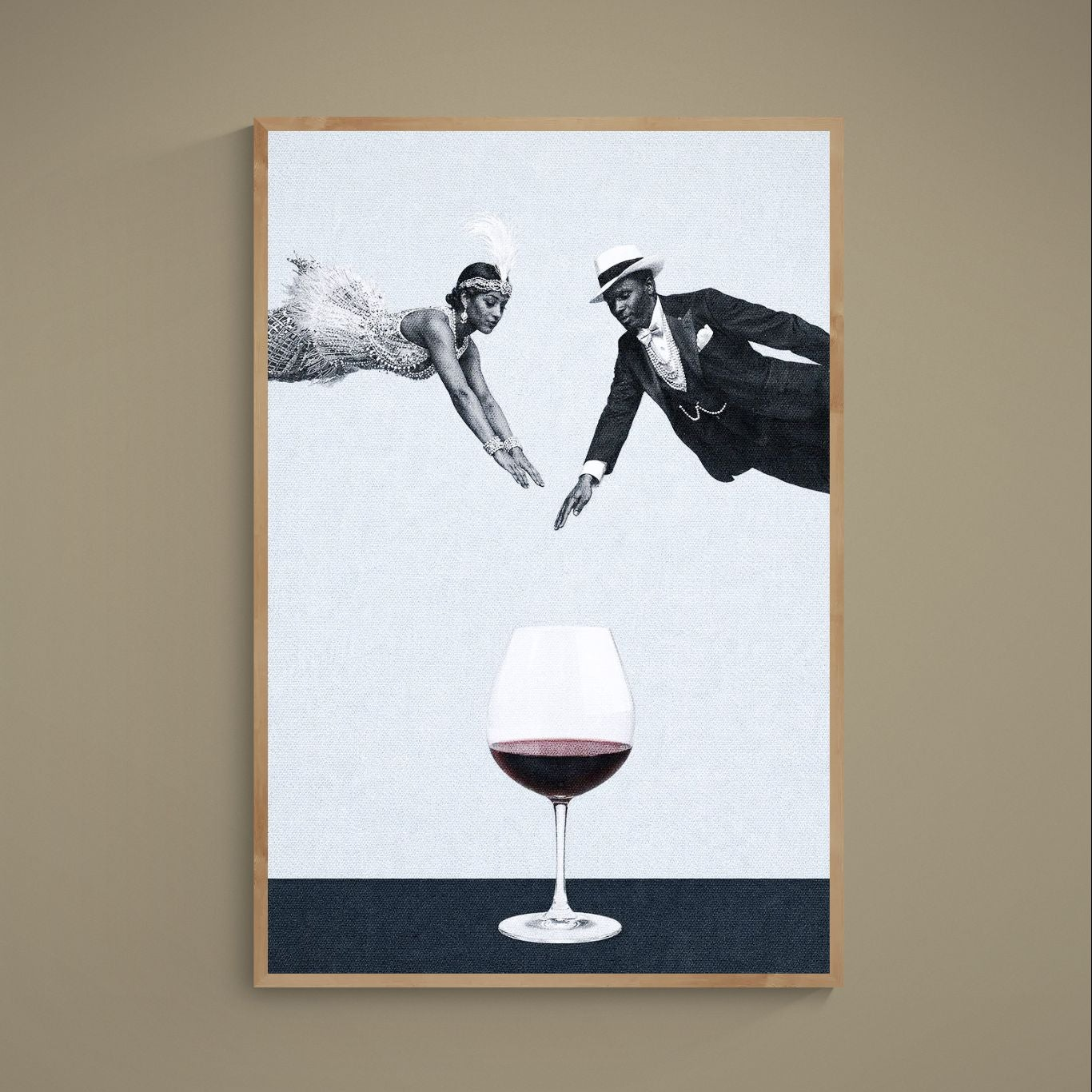 Black and white surreal poster with vintage couple reaching toward burgundy wine glass in wood frame