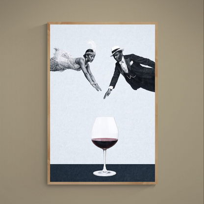 Black and white surreal poster with vintage couple reaching toward burgundy wine glass in wood frame
