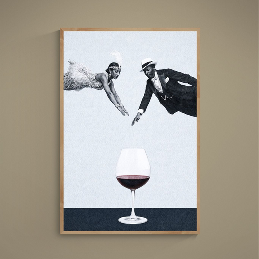 Black and white surreal poster with vintage couple reaching toward burgundy wine glass in wood frame